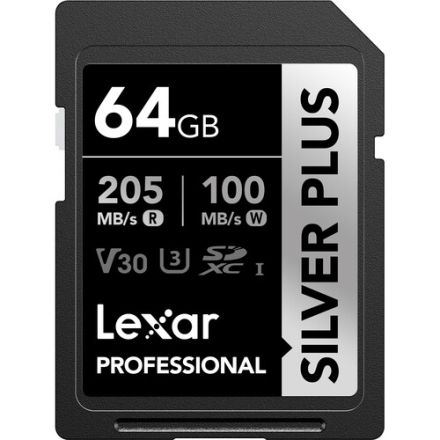 LEXAR 64GB PROFESSIONAL SILVER PLUS SDXC UHS-I CARD, UP TO 205MB/S READ 100MB/S WRITE C10 V30 U3 - LSDSIPL064G-BNNNG