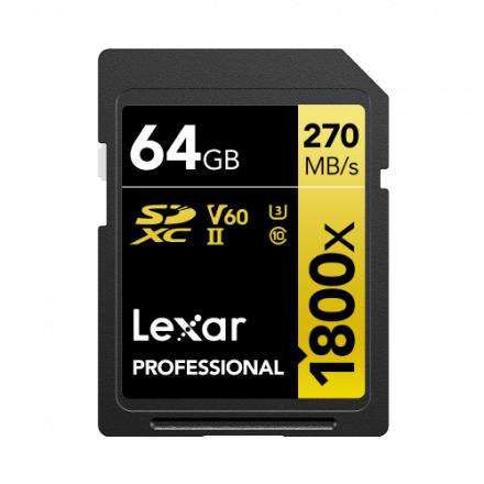 LEXAR PROFESSIONAL 1800X SDXC UHS-II 64GB MEMORY CARD 270MB/S - 180MB/S C10 V60 U3