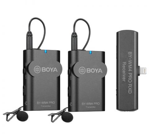 BOYA BY-WM4 PRO-K4 2.4 GHZ WIRELESS MICROPHONE SYSTEM FOR IOS DEVICES (RECEIVER & 2-TRANSMITTERS)