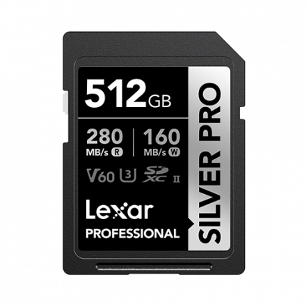 LEXAR 512GB PROFESSIONAL SILVER PRO SDXC UHS-II MEMORY CARD, UP TO 280MB/S READ, 160MB/S WRITE C10 U3 V60 - LSDSIPR512G-BNNNG